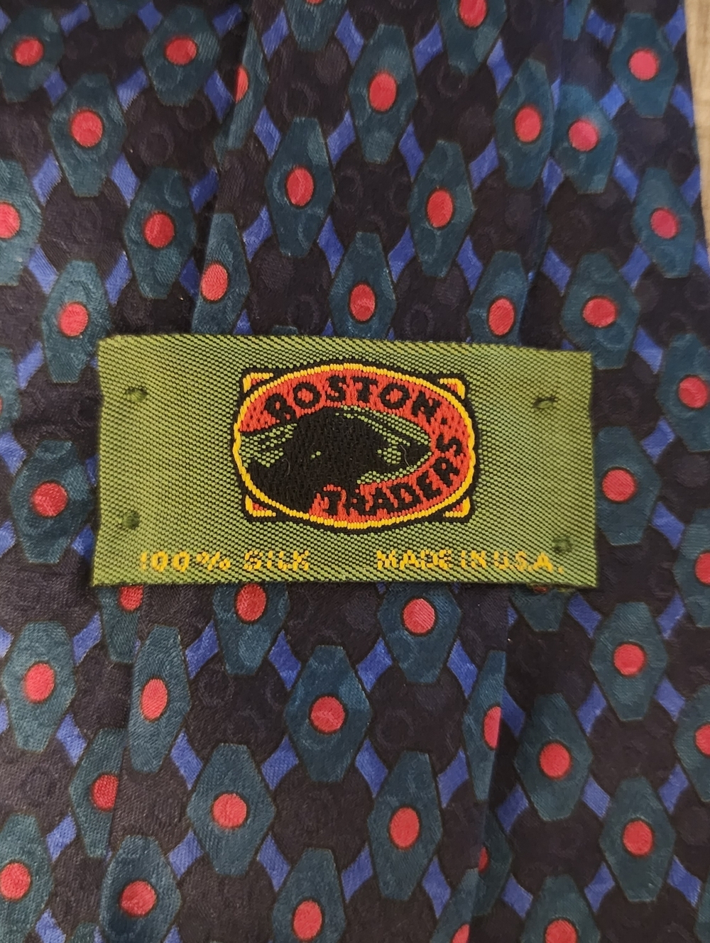 Blue Geometric Silk Tie with Red Dot Pattern. Boston Traders